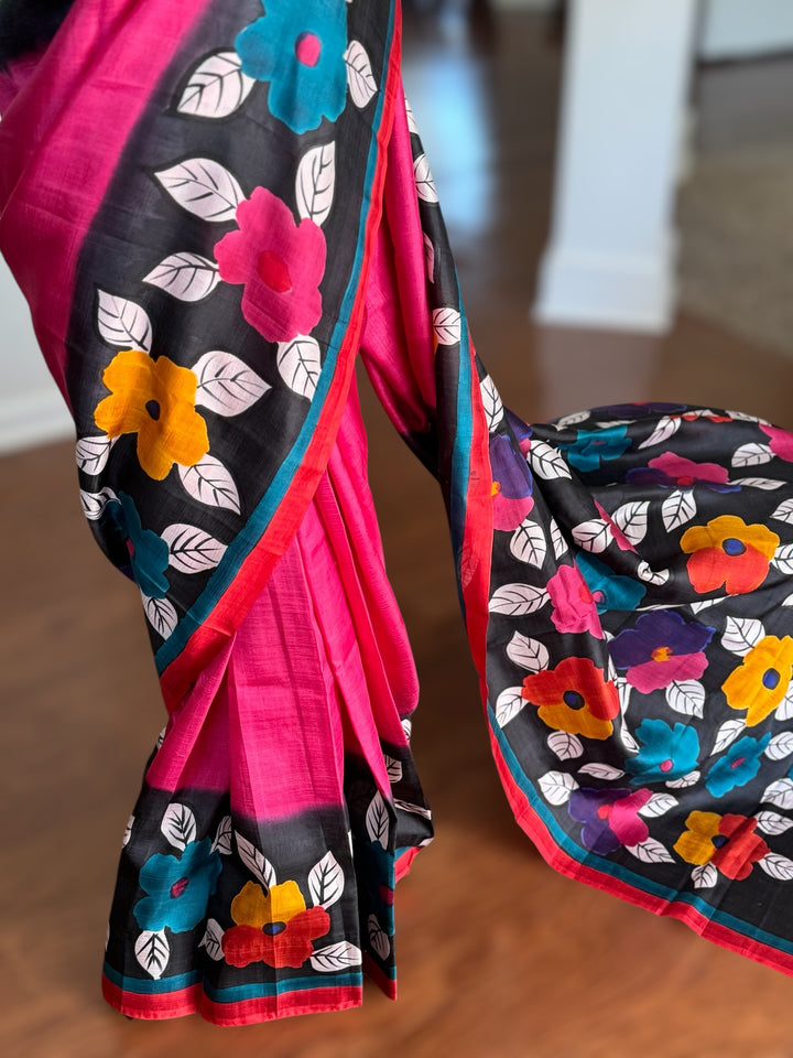 Pink with beautiful flower design Light weight,Hand painted Pure silk saree| Value Vogue
