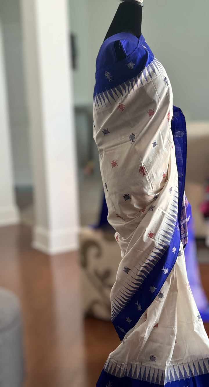 White and Blue combination exquisite piece of Bomkai Pure Silk Saree