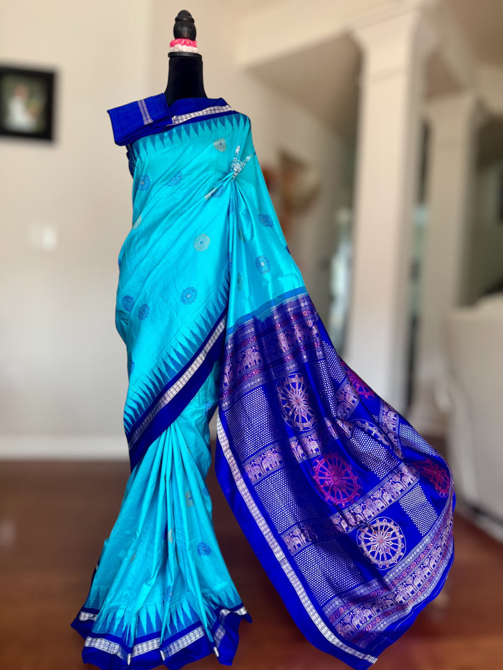 Konark theme Handwoven Bomkai Pure Silk Saree – Turquoise Blue with Royal Blue Pallu from Odisha Weaves