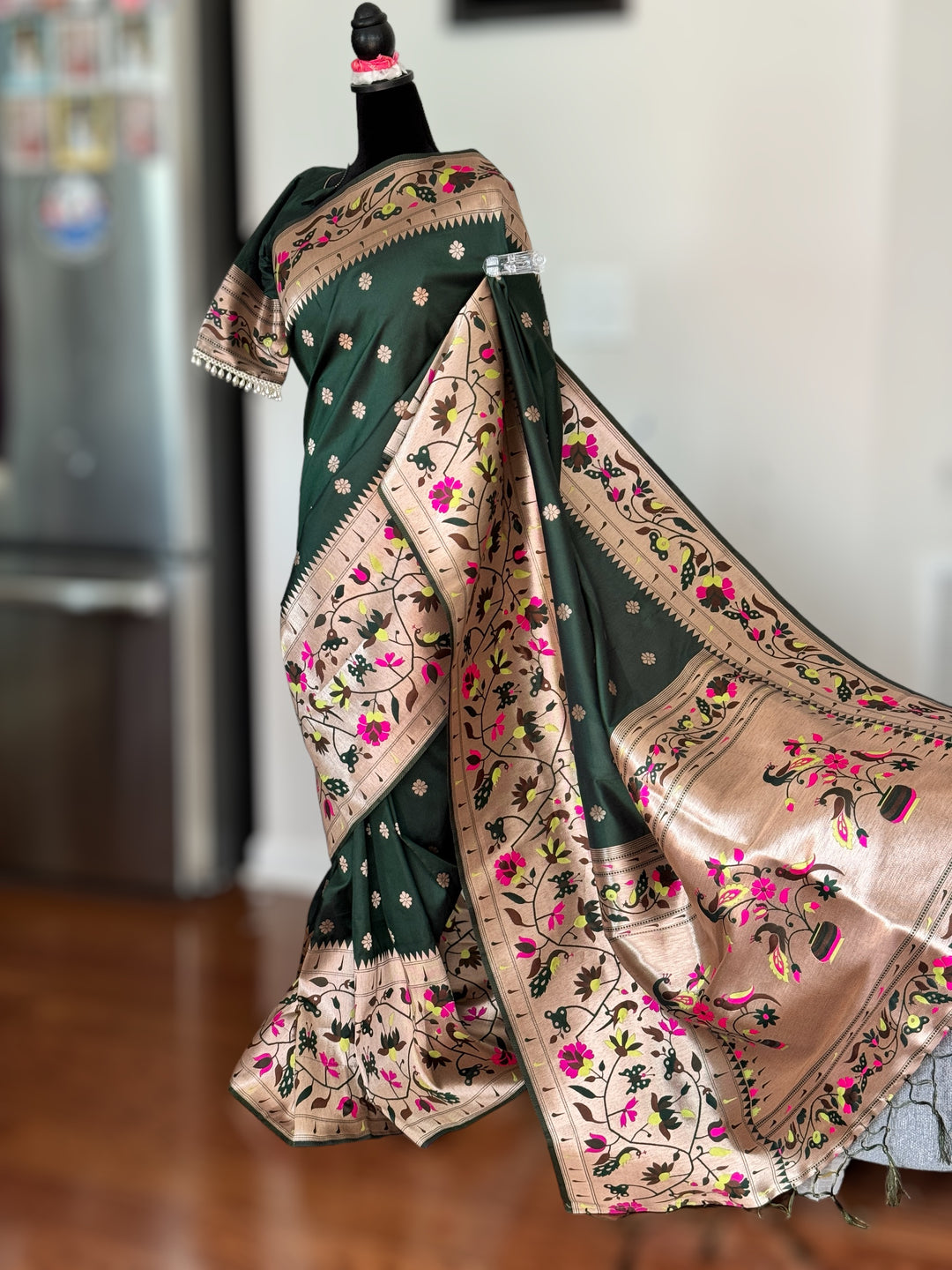 Paithani inspired weaved artificial silk saree with stitched blouse in bottle green color| Value Vogue
