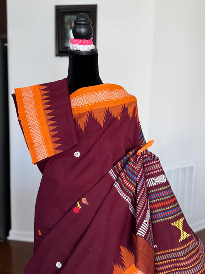 Maroon Original Ganjam Bomkai Cotton Saree from Odisha Weaves