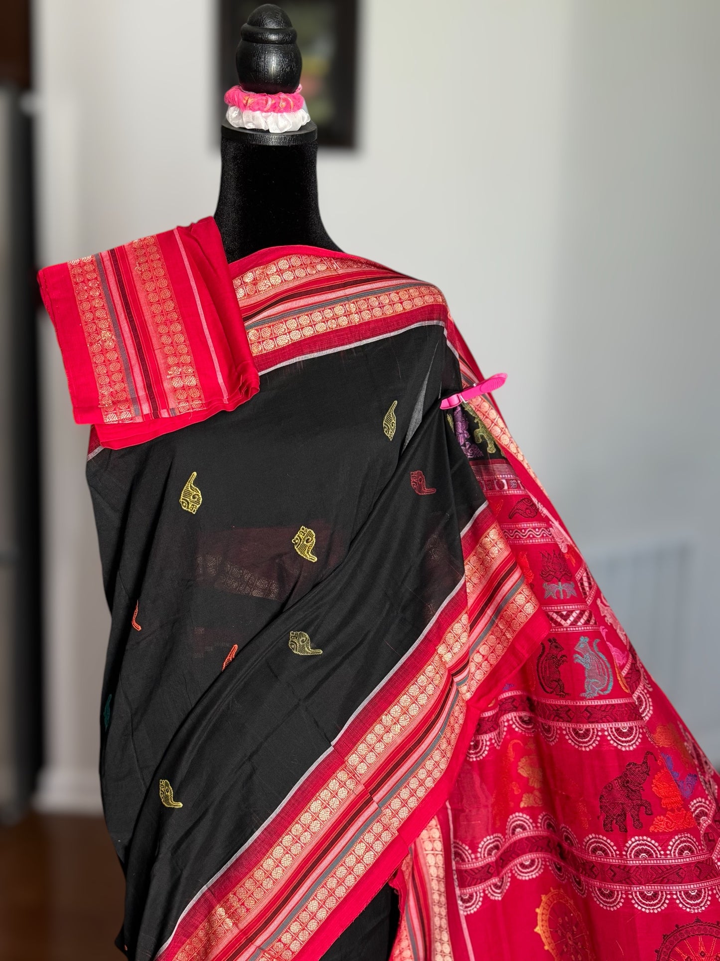 Handwoven Bomkai cotton saree in black red combinations