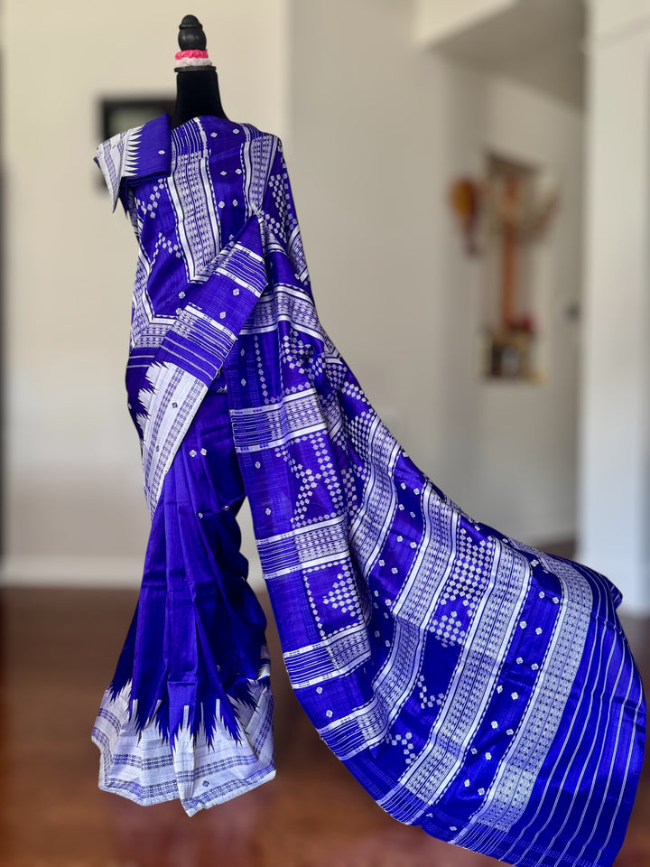 Indigo color traditional weaving Berhampuri Pure Silk Saree with Double pallu