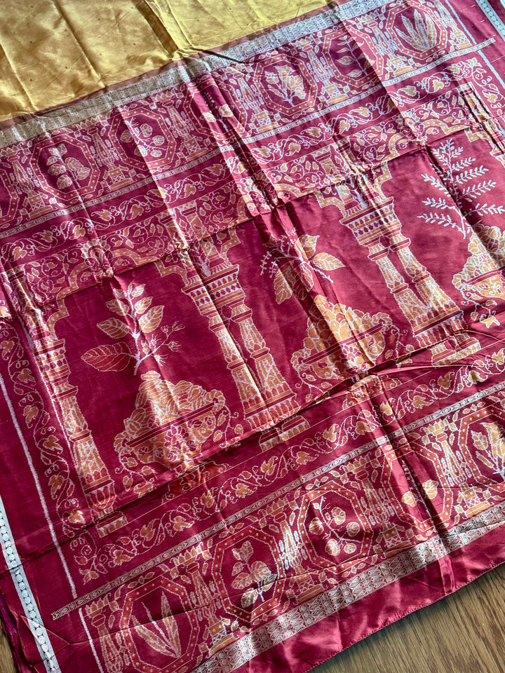 Pale Mustard Yellow Sambalpuri Ikat Pure Silk Saree with “Triphala” Ikat Pallu and Maroon Border |Odisha Weaves
