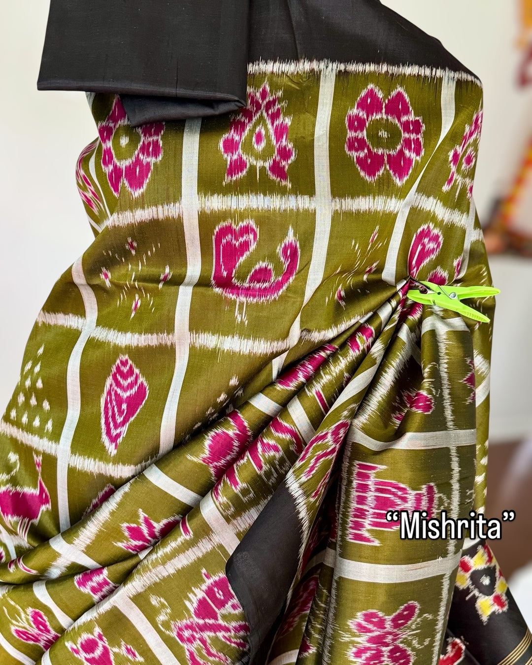 Olive Green Nabakothi Contemporary Ikat Pure Silk Saree|Odisha Weaves|Mishrita
