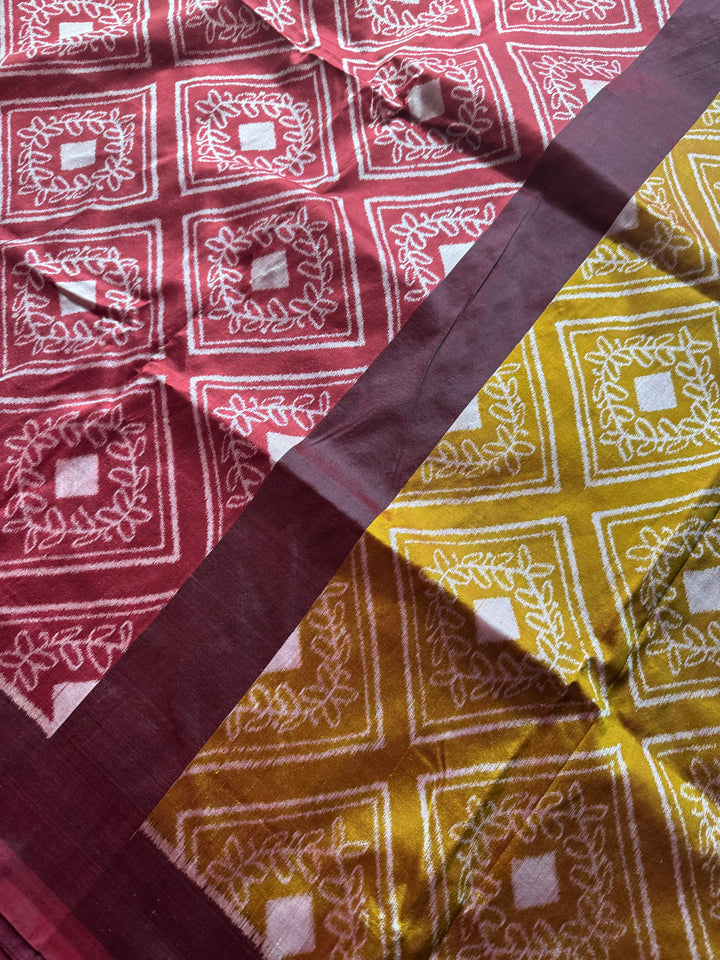High quality contemporary Ikat Pure silk saree in light rust red
