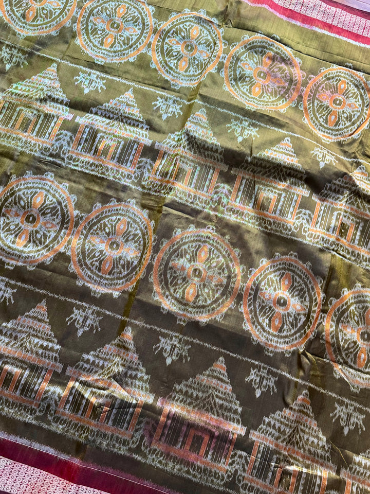 Olive green with maroon handwoven Sambalpuri Ikat Silk saree |Odisha Weaves