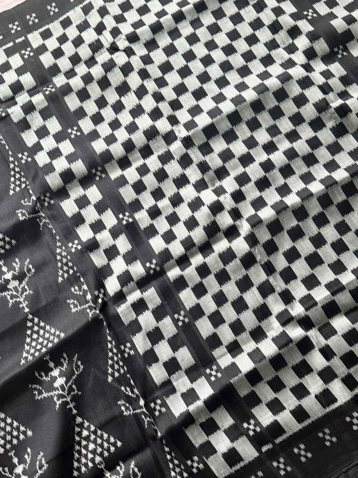 Handwoven Black contemporary ikat Silk Saree from Odisha|Mishrita