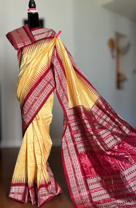 Gorgeous Pale Yellow handwoven Sambalpuri Ikat pure Silk saree