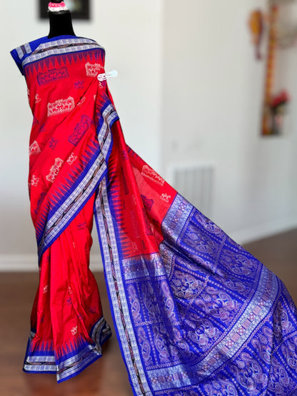 Gorgeous Bomkai pure silk saree in Red and Royal blue combination