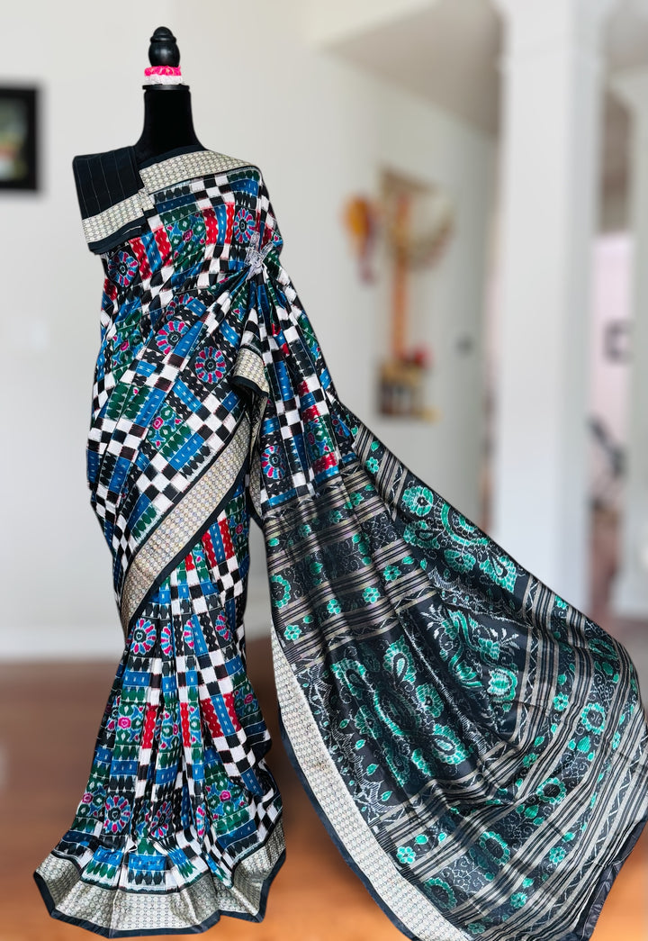 Handwoven Utkal Laxmi Sambalpuri ikat pure silk saree, Green Ikat pallu|Odisha Weaves|