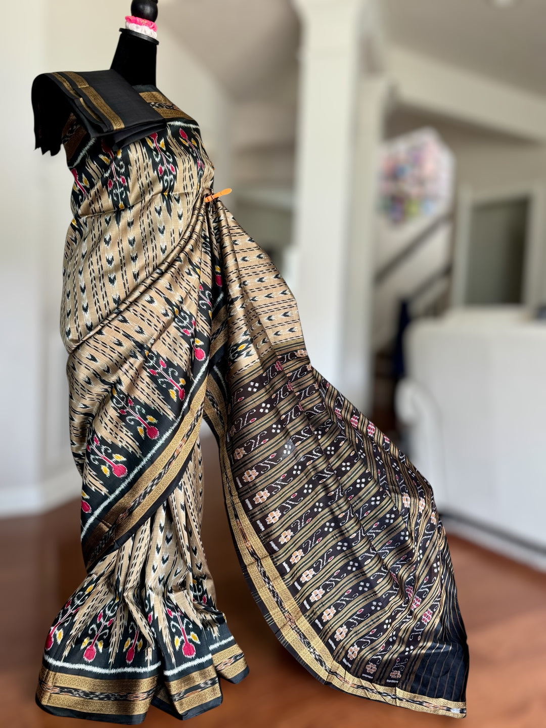 Handwoven Pure Silk ikat Khandua Saree Beige-Gold|Mishrita |Odisha Weaves