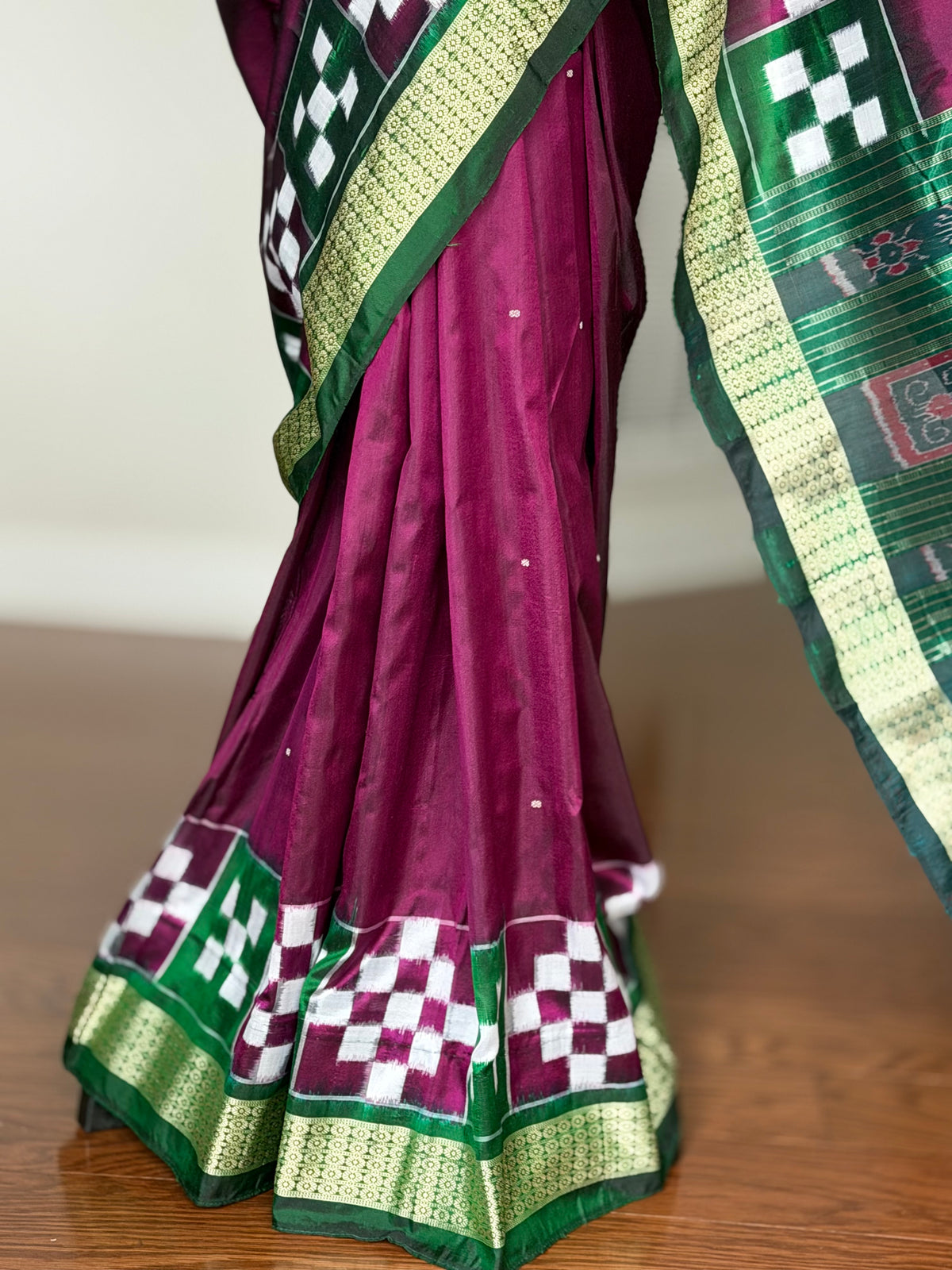 Plum and green combination Sambalpuri pasapali handwoven Ikkat semi-silk saree| Odisha Weaves