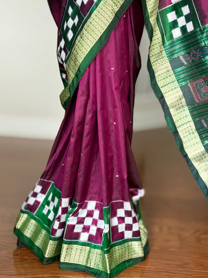 Plum and green combination Sambalpuri pasapali handwoven Ikkat semi-silk saree| Odisha Weaves