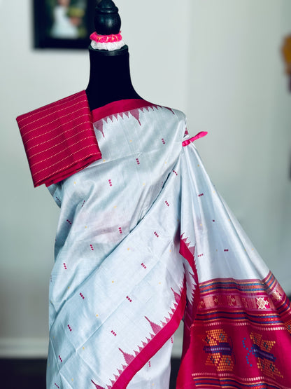 Blueish Grey with Magenta Phoda kumbha Sambalpuri Puri Silk Saree with Dobby weaved Pallu