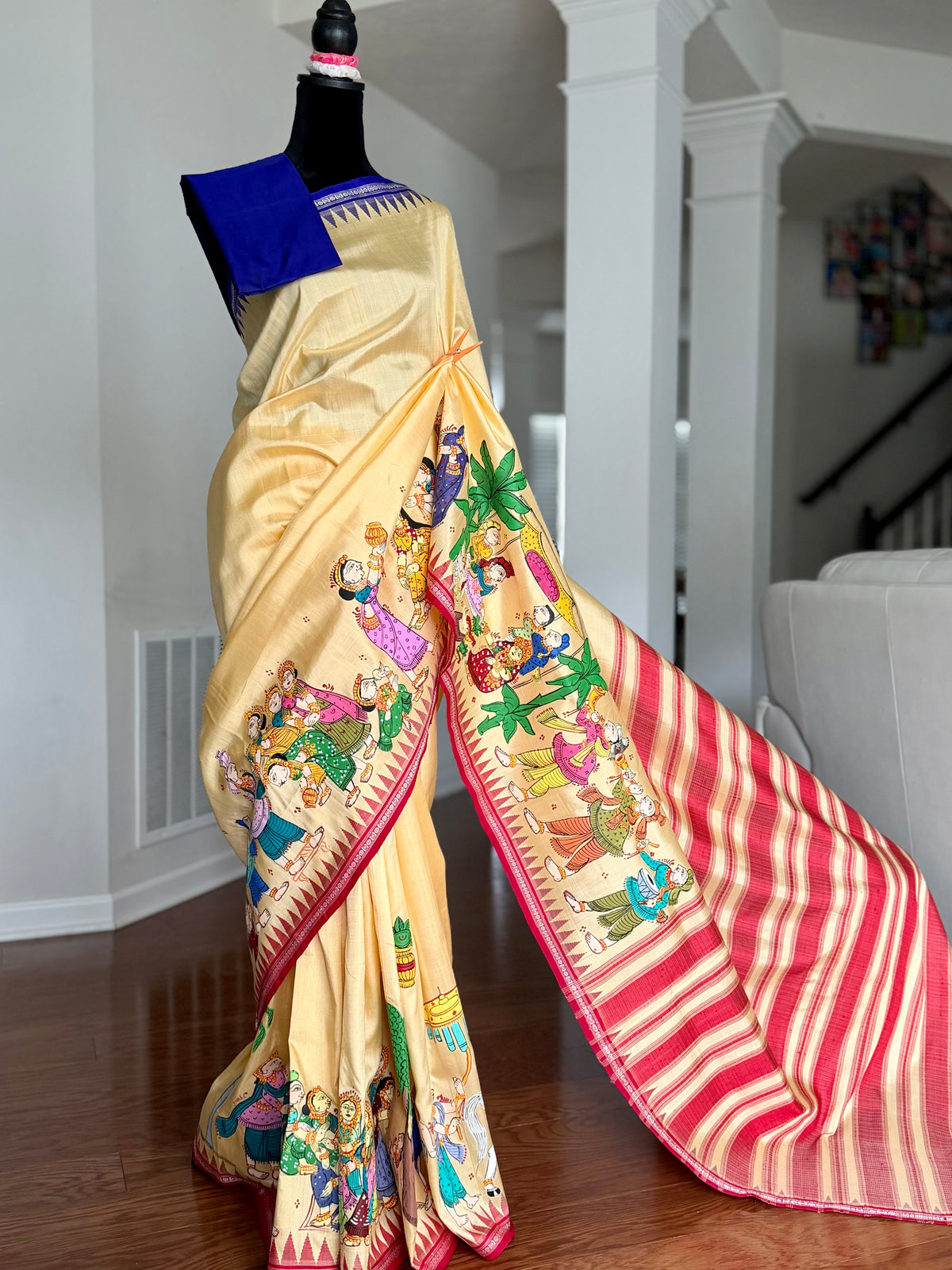 Warm pale yellow Odia Vivaha Pattachitra Berhampuri Pure Silk Saree – Ganga Jamuna Border