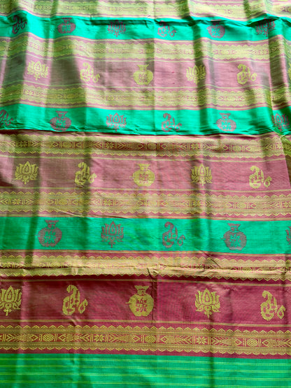 Dark Peach Berhampuri double pallu handwoven  Pure Silk Saree