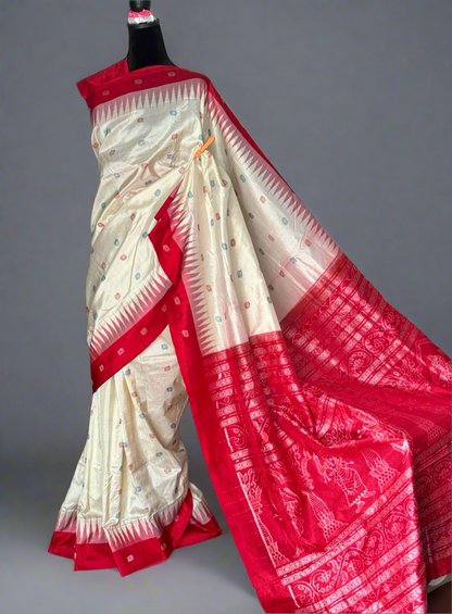 Sambalpuri ikat beige color with red pure silk saree from Odisha weaves