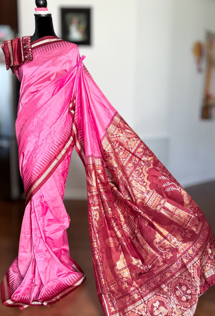 Pink Sambalpuri Ikat Pure Silk Saree with “Triphala” Ikat Pallu and Maroon Border |Odisha Weaves