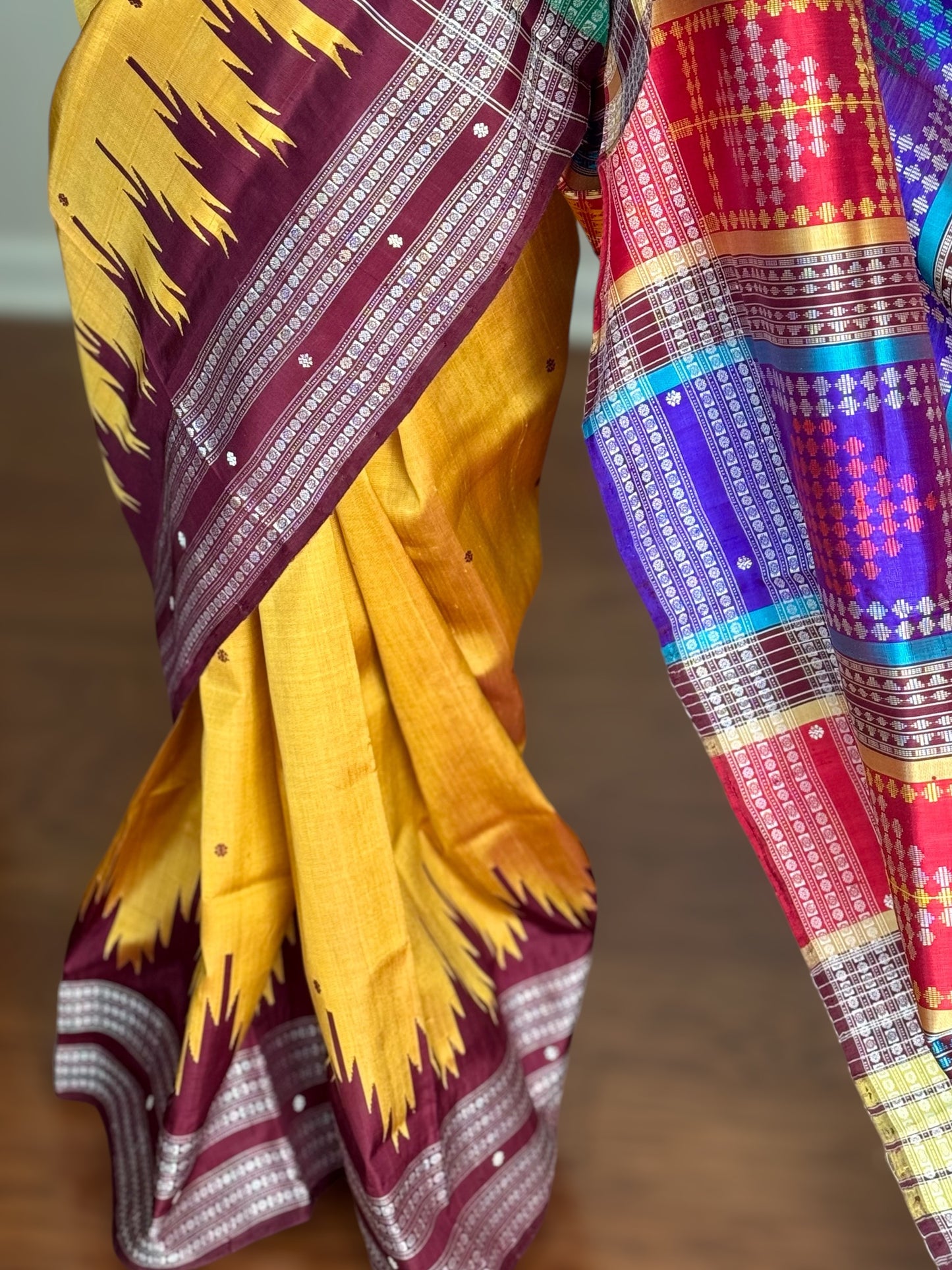 Mustard with brown  Berhampuri pure silk saree with colorful double pallu