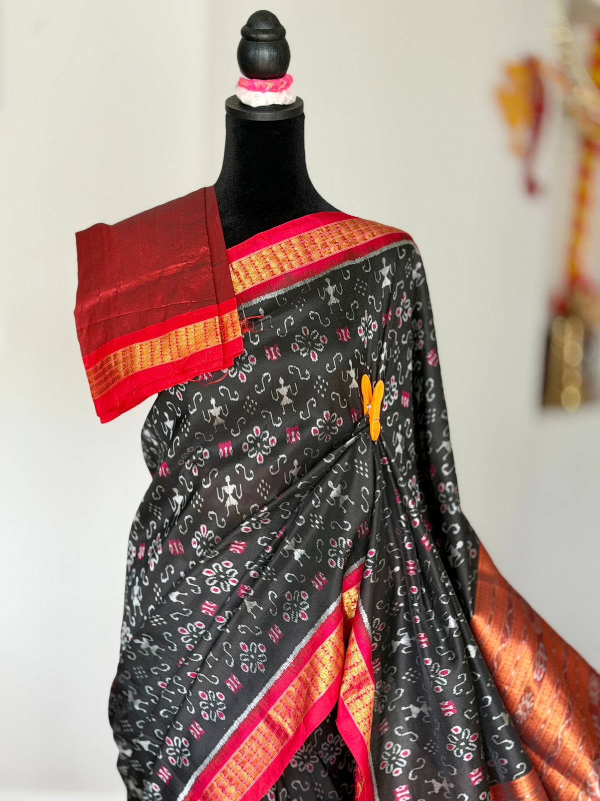 Black and rust red handwoven Sambalpuri pure Ikkat silk saree with tissue border and pallu | Odisha Weaves