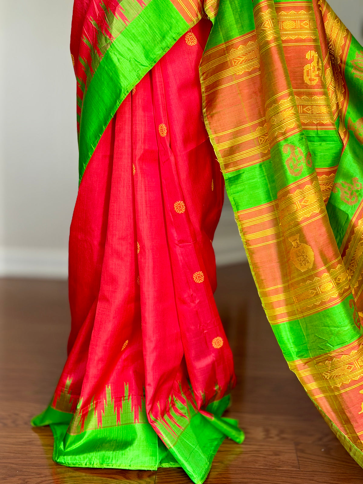 Dark Peach Berhampuri double pallu handwoven  Pure Silk Saree
