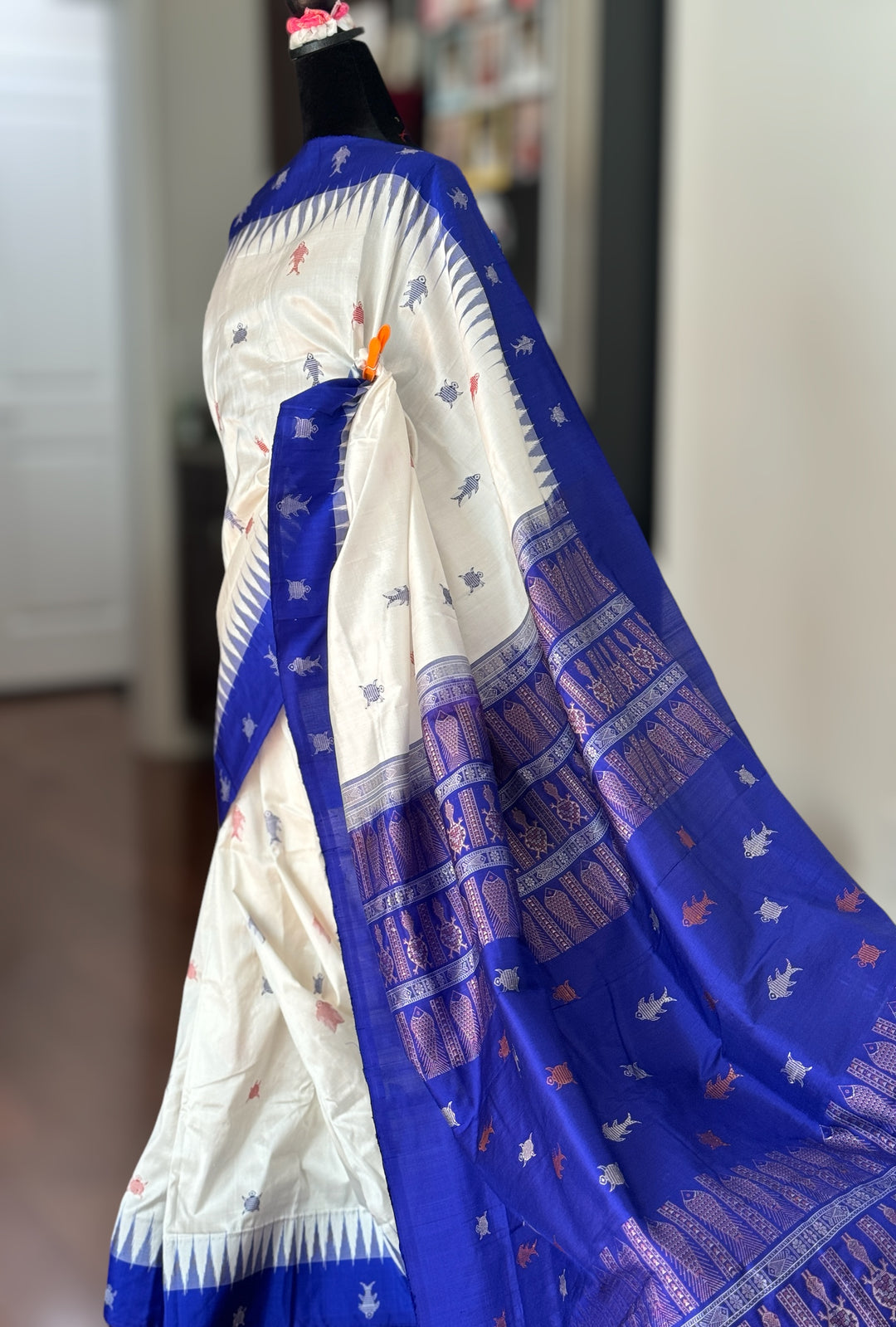 White and Blue combination exquisite piece of Bomkai Pure Silk Saree