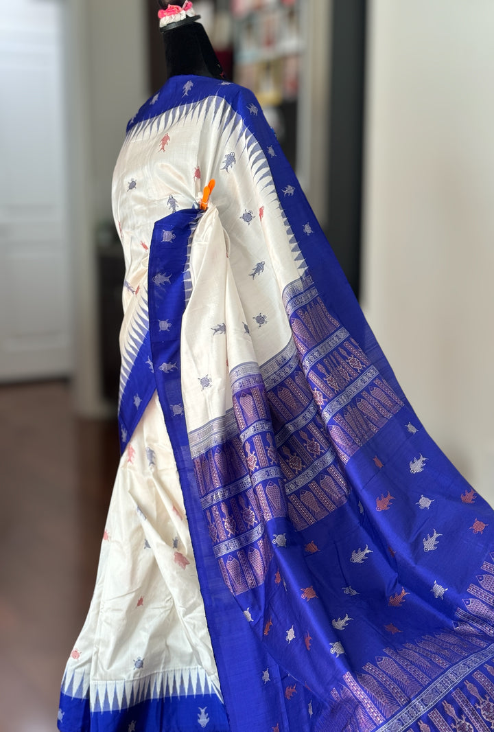 White and Blue combination exquisite piece of Bomkai Pure Silk Saree