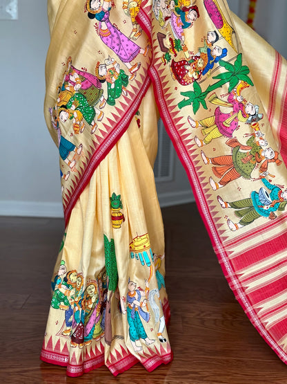 Warm pale yellow Odia Vivaha Pattachitra Berhampuri Pure Silk Saree – Ganga Jamuna Border