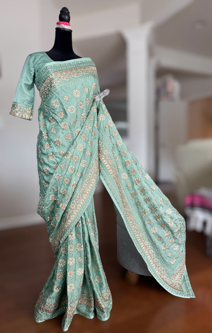 Sage Green Color gota and embroidery work designer satin crep silk saree|Party Wear Saree|PPS