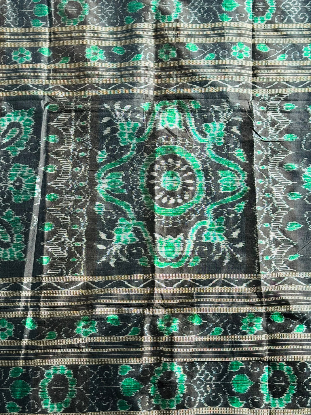 Handwoven Utkal Laxmi Sambalpuri ikat pure silk saree, Green Ikat pallu|Odisha Weaves|