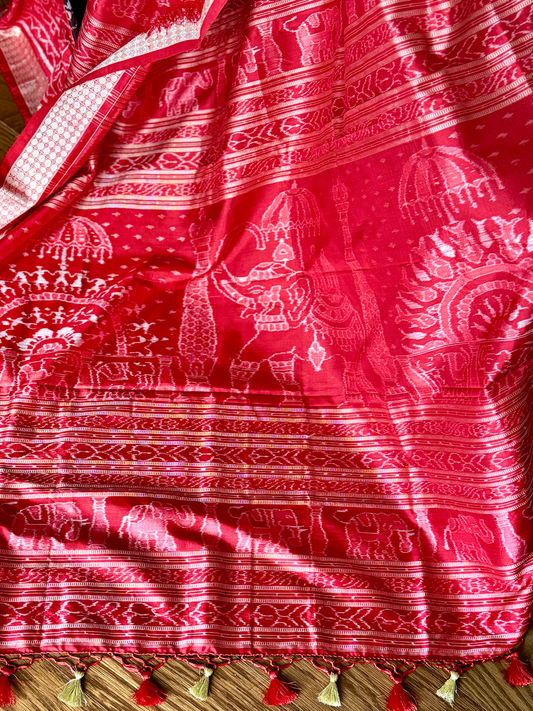 Bird theme Sambalpuri double ikkat pure silk saree in brown and red combination |Odisha Weaves
