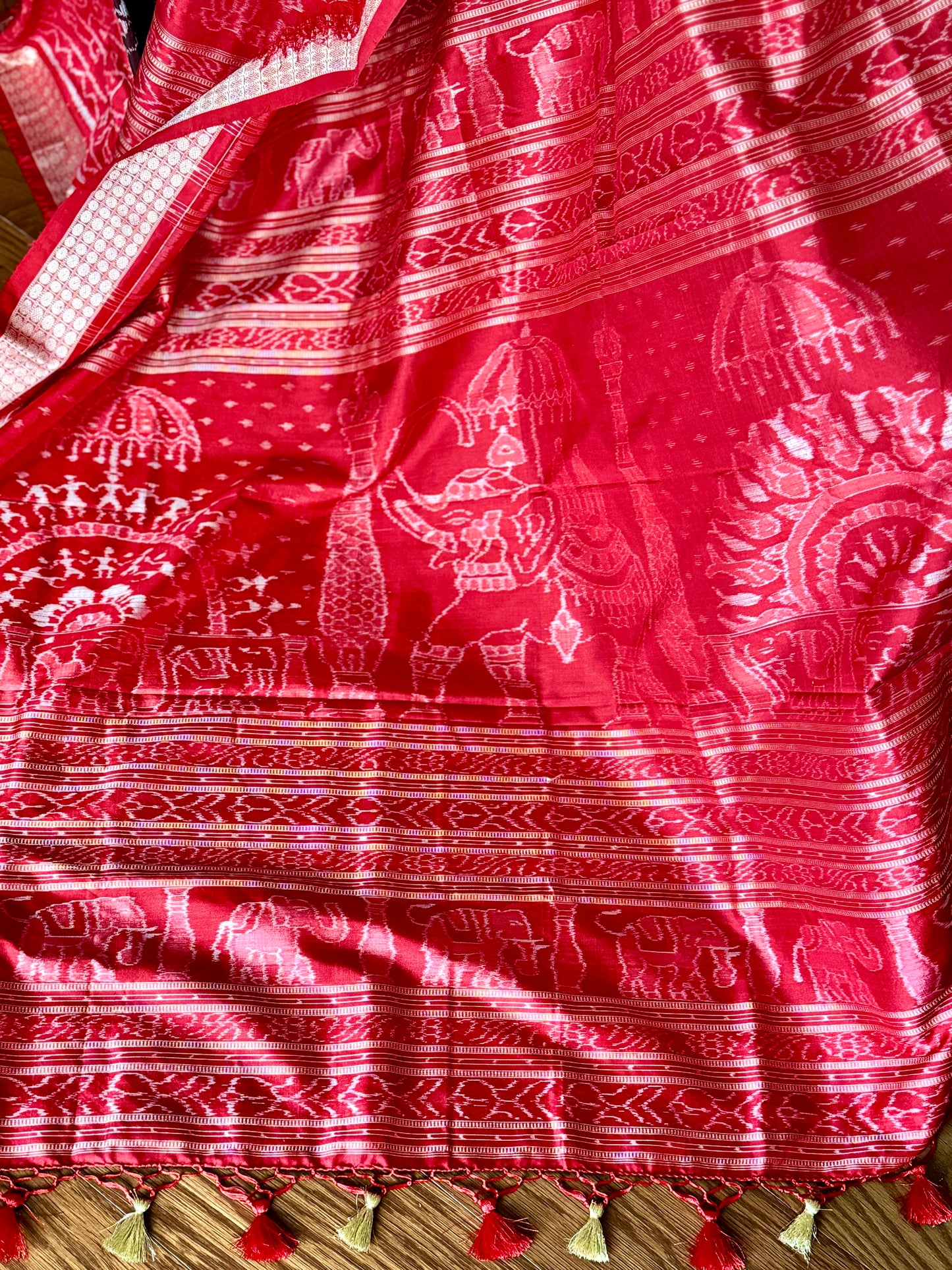 Bird theme Sambalpuri double ikkat pure silk saree in brown and red combination