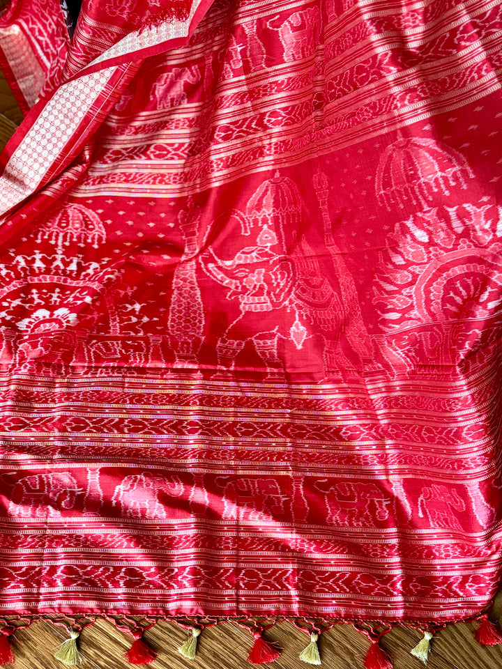 Bird theme Sambalpuri double ikkat pure silk saree in brown and red combination |Odisha Weaves
