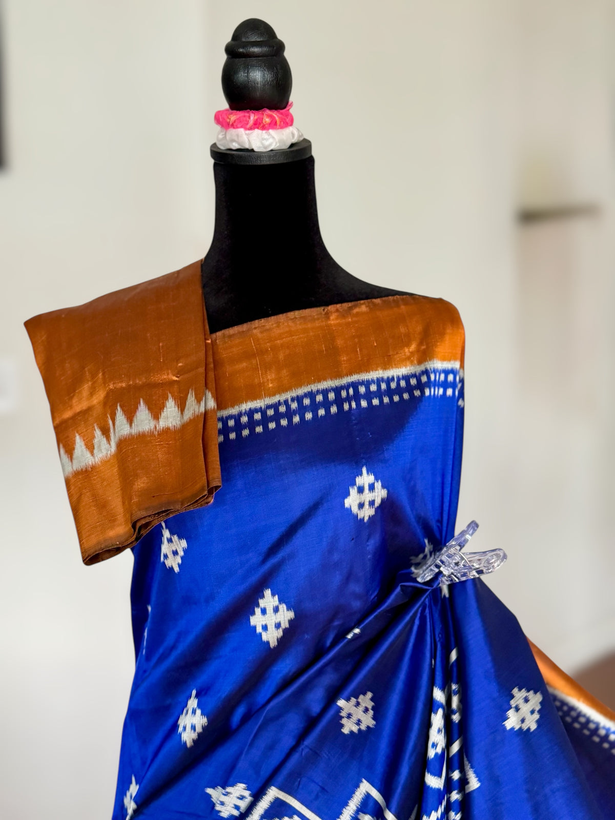 Blue with orange color handwoven ikat pure silk saree|Odisha Weaves|Contemporary Ikat|Antara