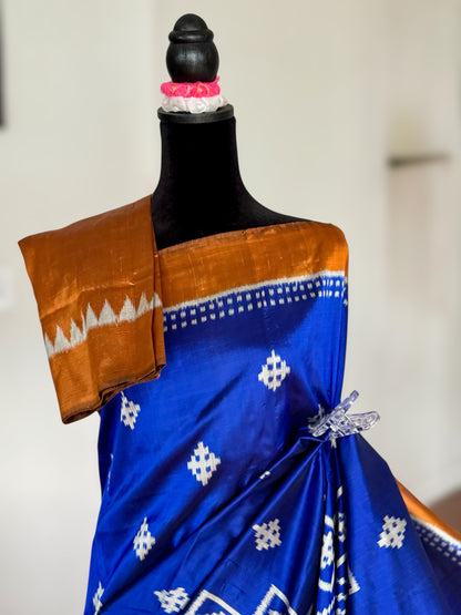 Blue with orange color handwoven ikat pure silk saree|Odisha Weaves|Contemporary Ikat|Antara
