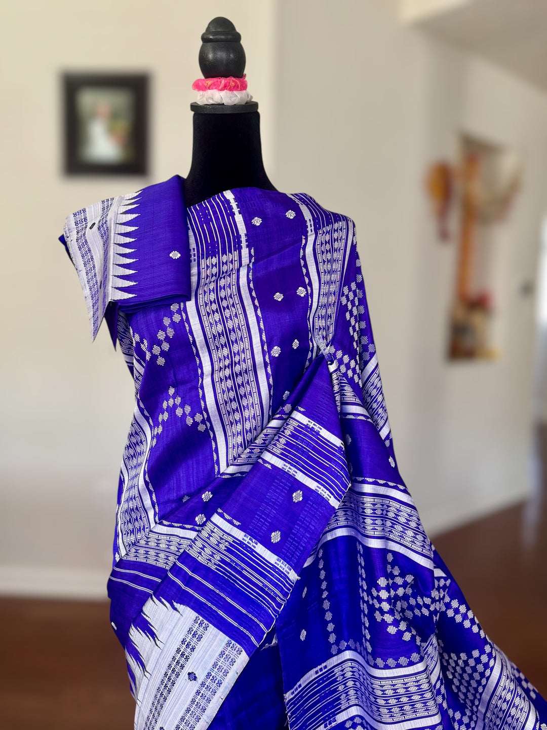 Indigo color traditional weaving Berhampuri Pure Silk Saree with Double pallu