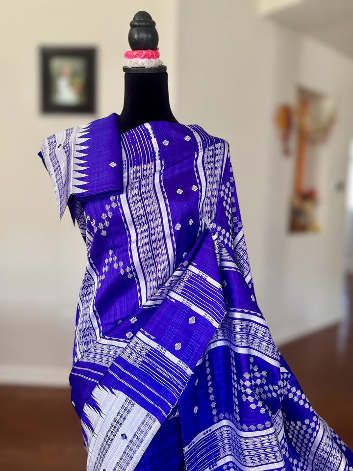 Indigo color traditional weaving Berhampuri Pure Silk Saree with Double pallu