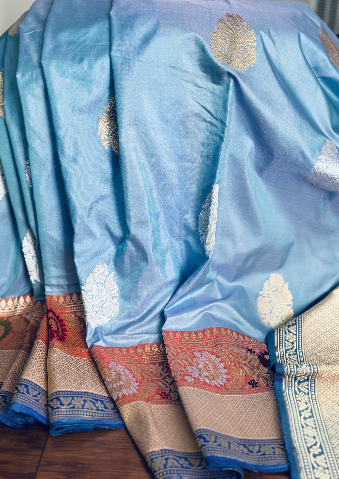 Luxurious Powder Blue Banarasi pure katan silk saree with Kadhwa and meenakari work