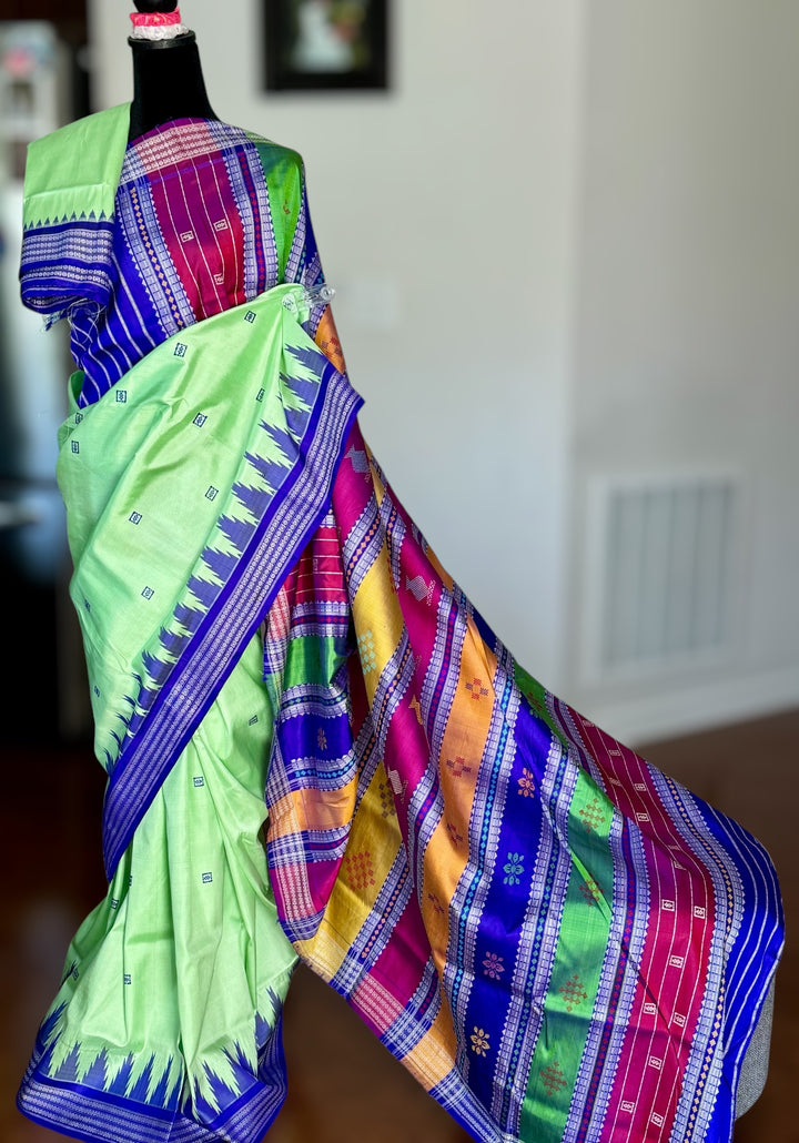 Light Green Berhampuri double pallu pure silk saree from Odisha weaves