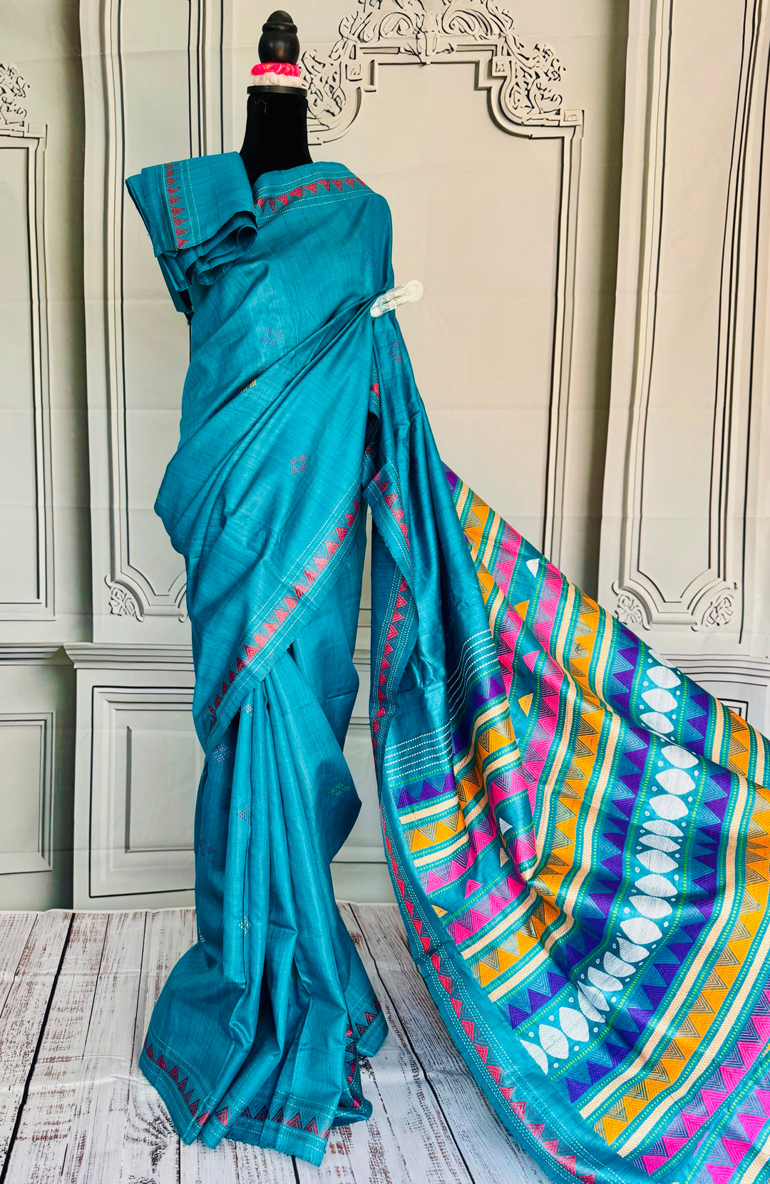 Teal Blue Gopalpur handwoven pure Tussar silk saree with Dongria pallu|Odisha weaves