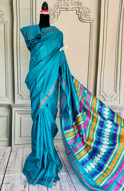 Teal Blue Gopalpur handwoven pure Tussar silk saree with Dongria pallu|Odisha weaves