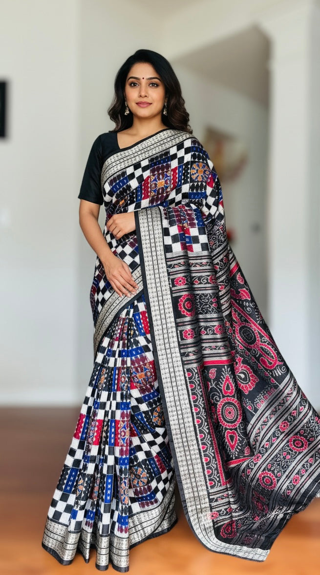 Handwoven Utkal Laxmi Sambalpuri ikat pure silk saree, Maroon Ikat pallu|Odisha Weaves|