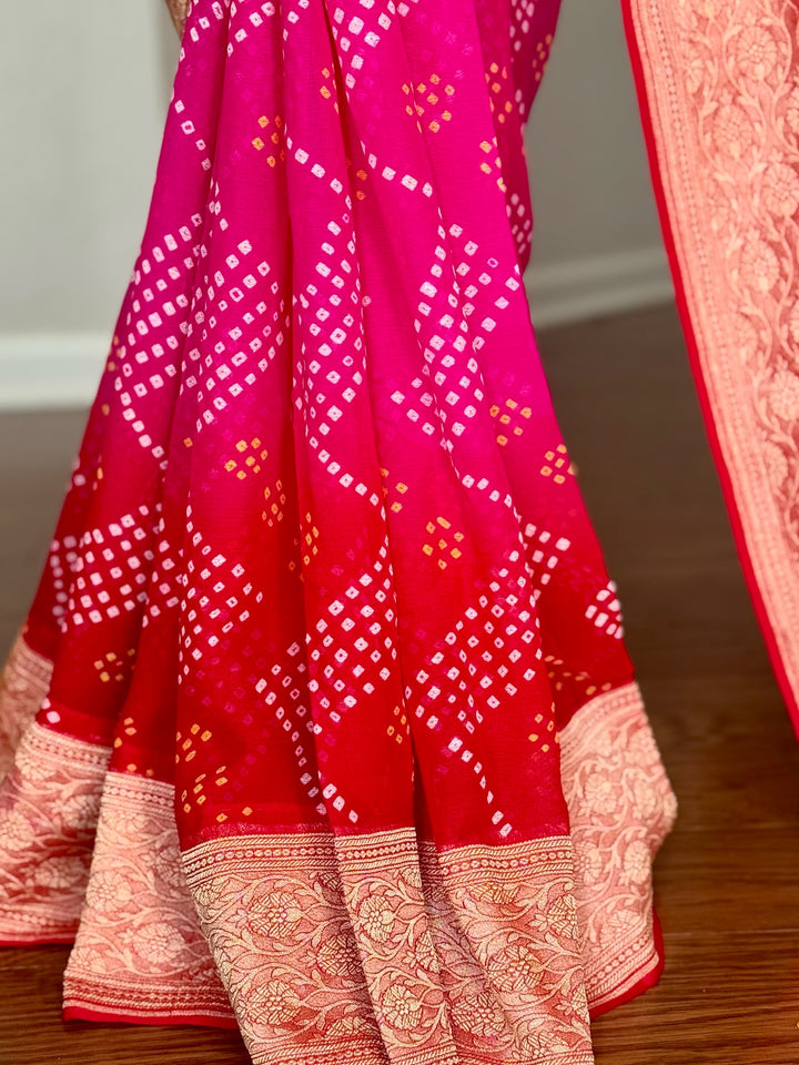 Pink with Red pure khaddi chiffon georgette rai bandhini saree