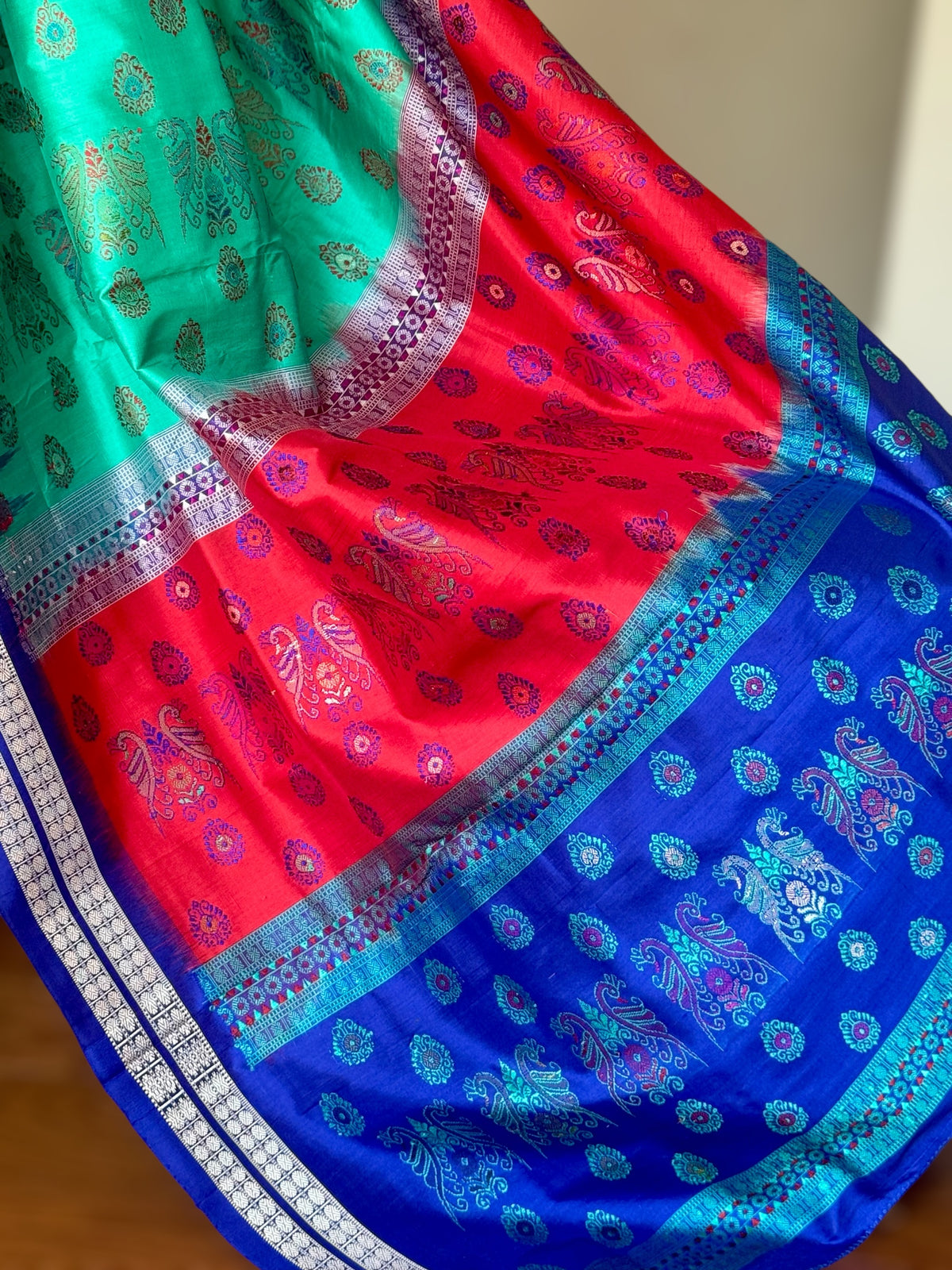 Aquamarine and blue combination master woven Bomkai pure silk saree | Odisha Weaves
