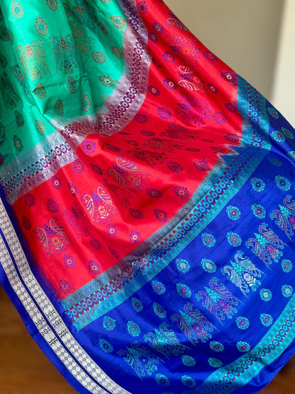 Aquamarine and blue combination master woven Bomkai pure silk saree | Odisha Weaves