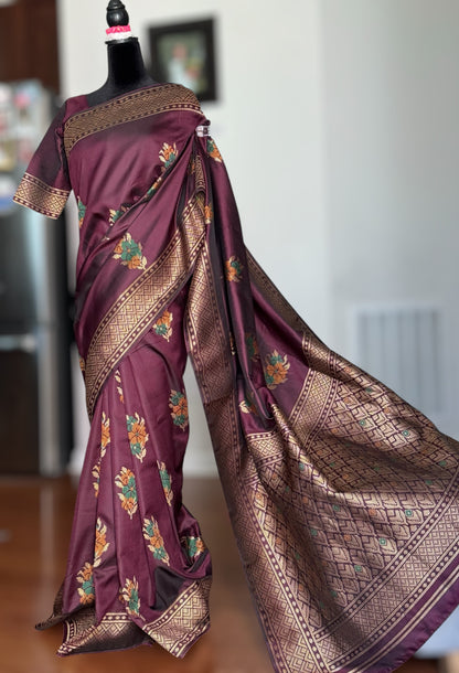 Plum color designer weaved and textured saree with stitched blouse| Value Vogue