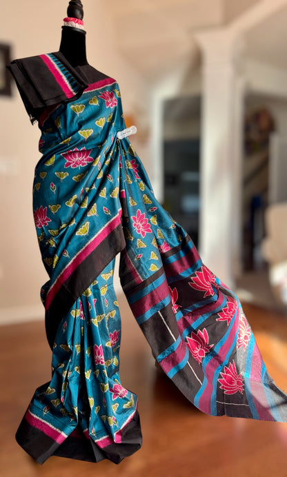Lotus theme handwoven ikat pure silk saree|Odisha Weaves|Contemporary Ikat|