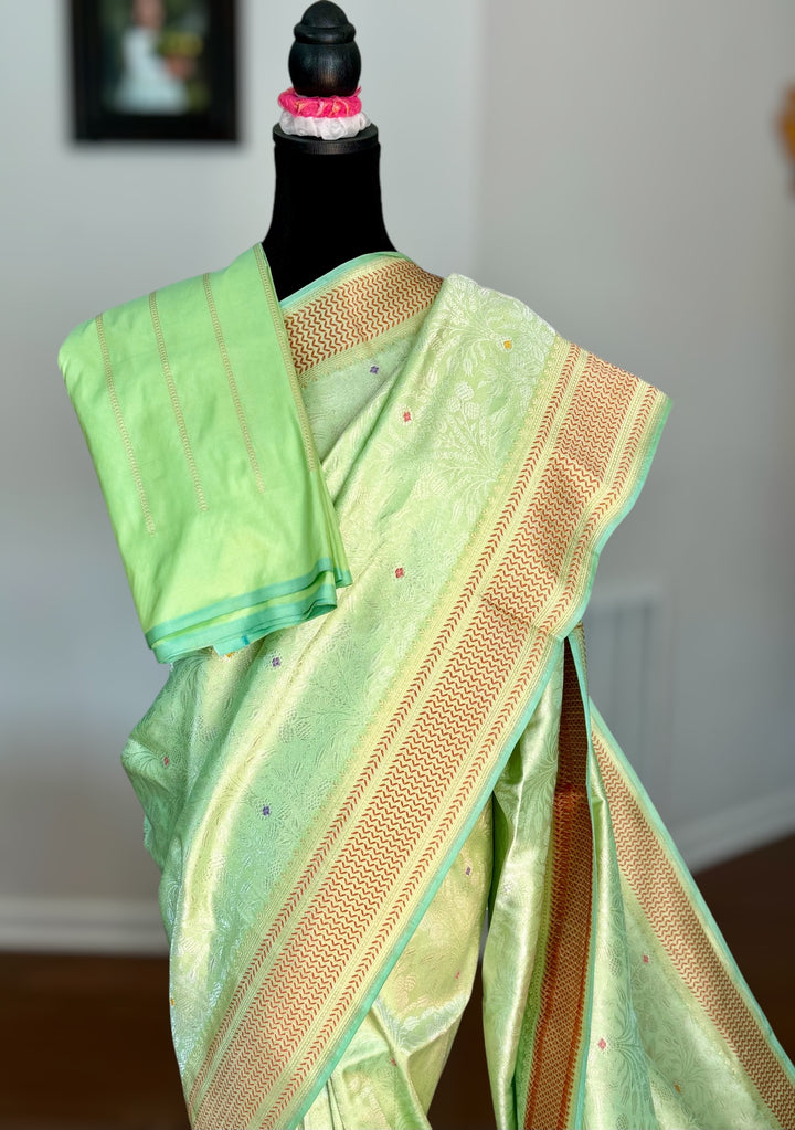 Mint Green Banarasi handloom brocade weaved pure silk saree with Tanchoi meenakari kadhuwa weave saree