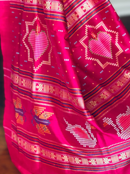 Blueish Grey with Magenta Phoda kumbha Sambalpuri Puri Silk Saree with Dobby weaved Pallu